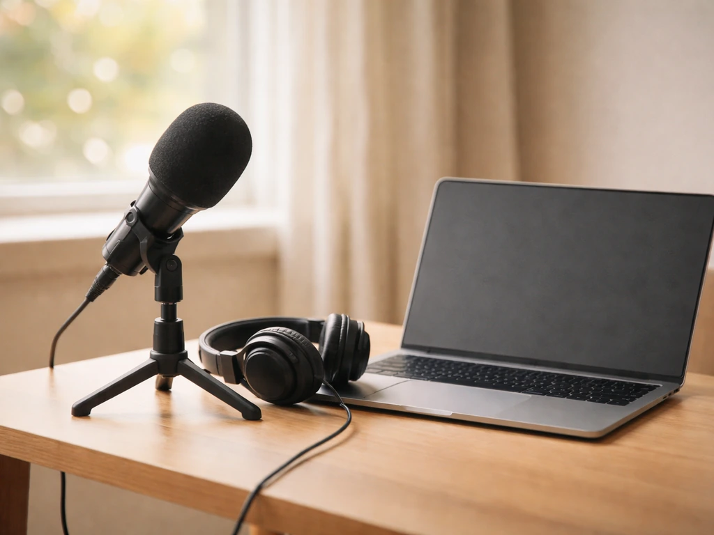 Podcast recording setup with microphone, headphones, and laptop in a cozy home studio