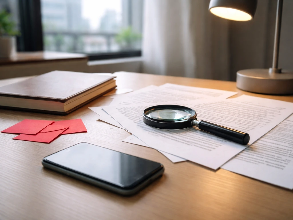 Desk with magnifying glass over printed pages and red caution notes, suggesting verifying questionable money claims.