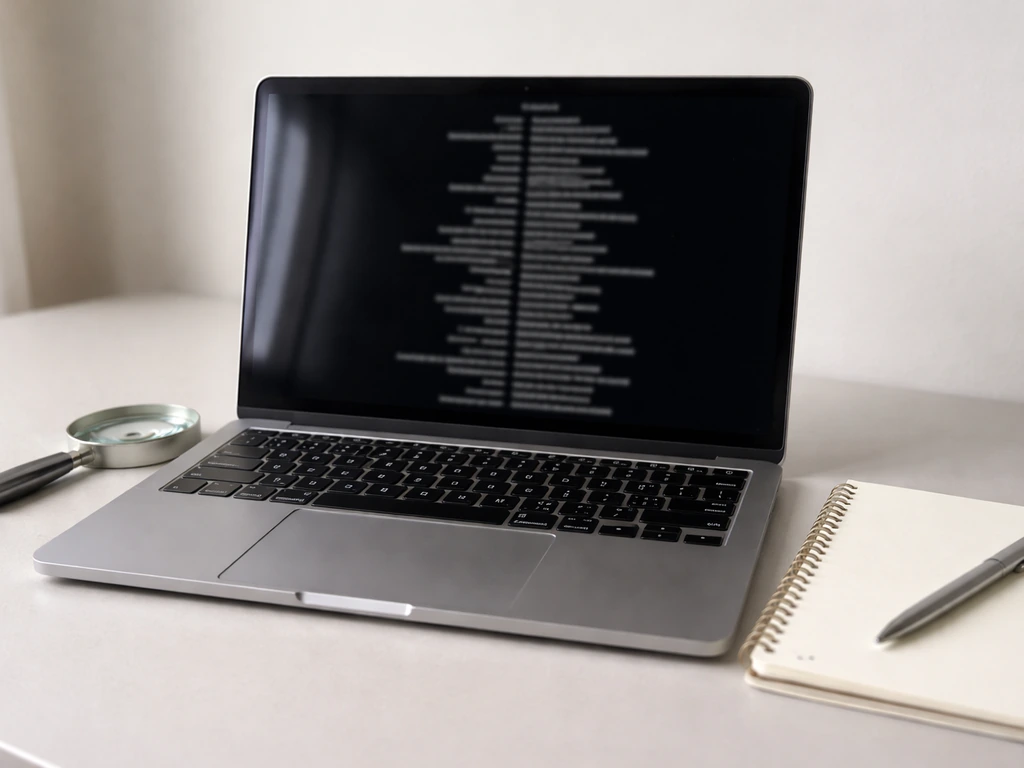Close-up of a film credits page on a laptop beside a magnifying glass and notebook, symbolizing disambiguation