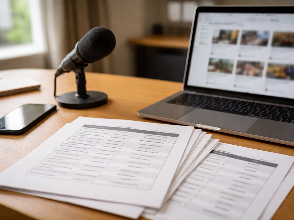 Minimal desk scene with blurred social thumbnails, wage-rate cards, and a studio microphone.