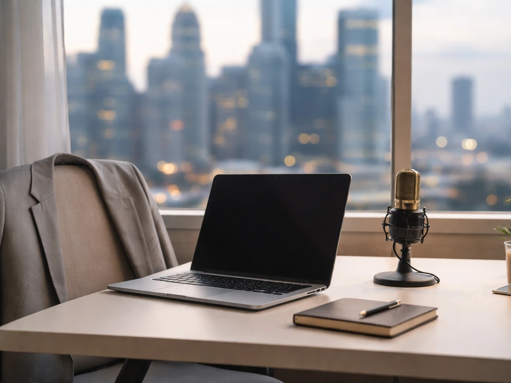 Minimal media workspace with laptop, studio microphone, and blazer, symbolizing entertainment income and analysis.