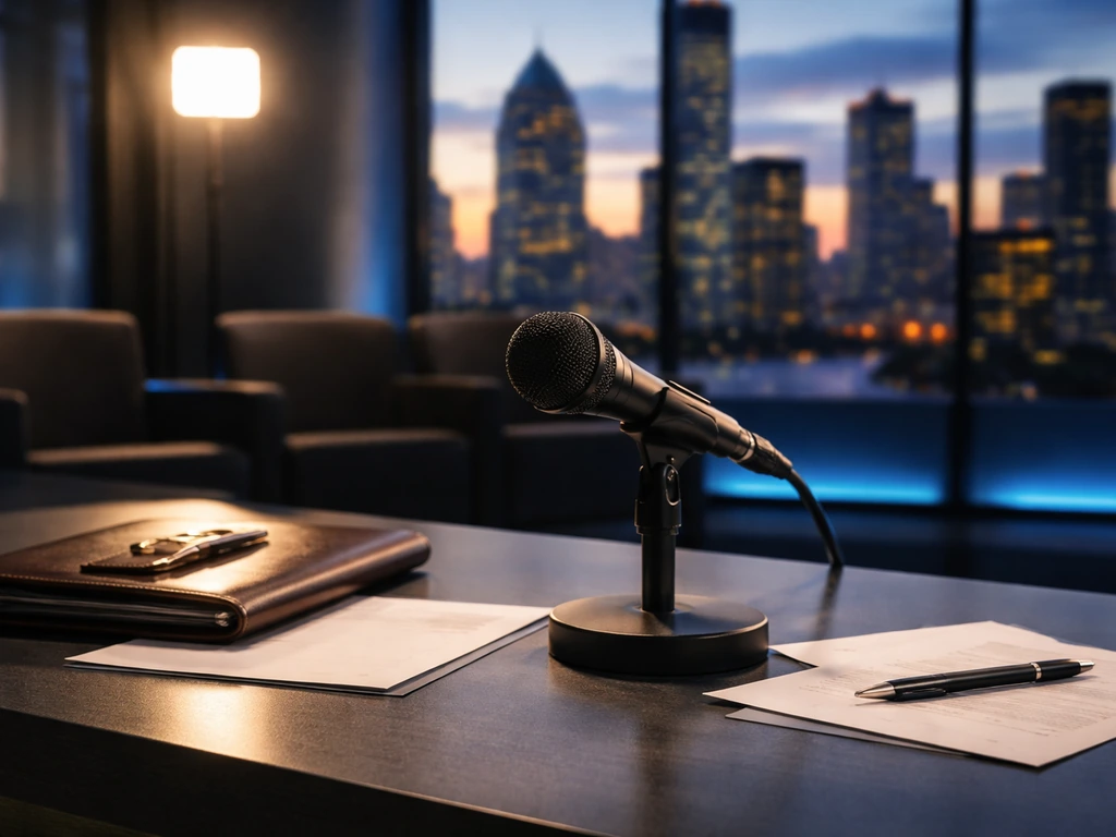 Unoccupied TV studio desk with microphone and portfolio, suggesting entertainment and financial search context.