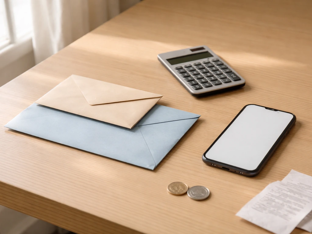 Minimal office desk with two empty envelopes and a calculator, suggesting two different estimate figures without text.