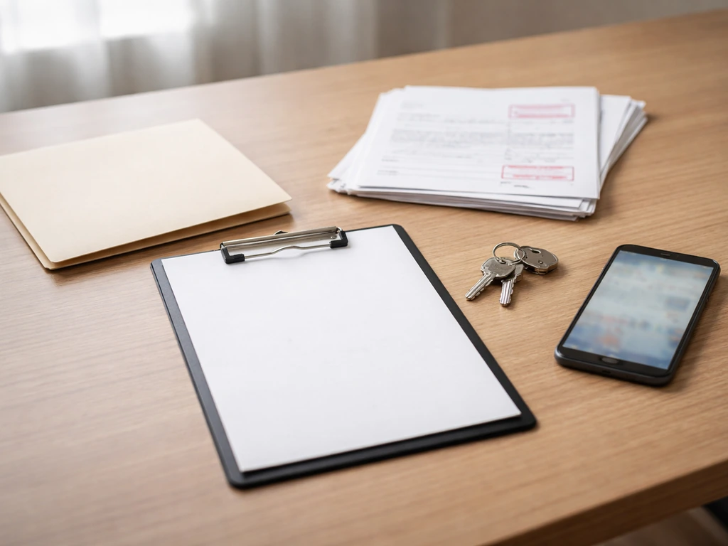 Minimal office desk with blank checklist and official documents, keys, and blurred phone—symbolic verification of claims