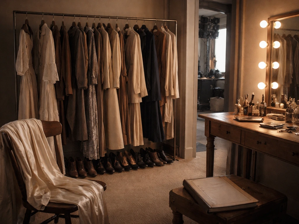 Empty TV dressing room with period wardrobe pieces and studio lighting in the background.