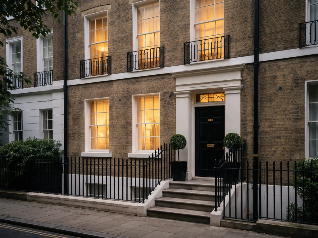 Quiet London townhouse exterior with warm brick and tall sash windows, no people.