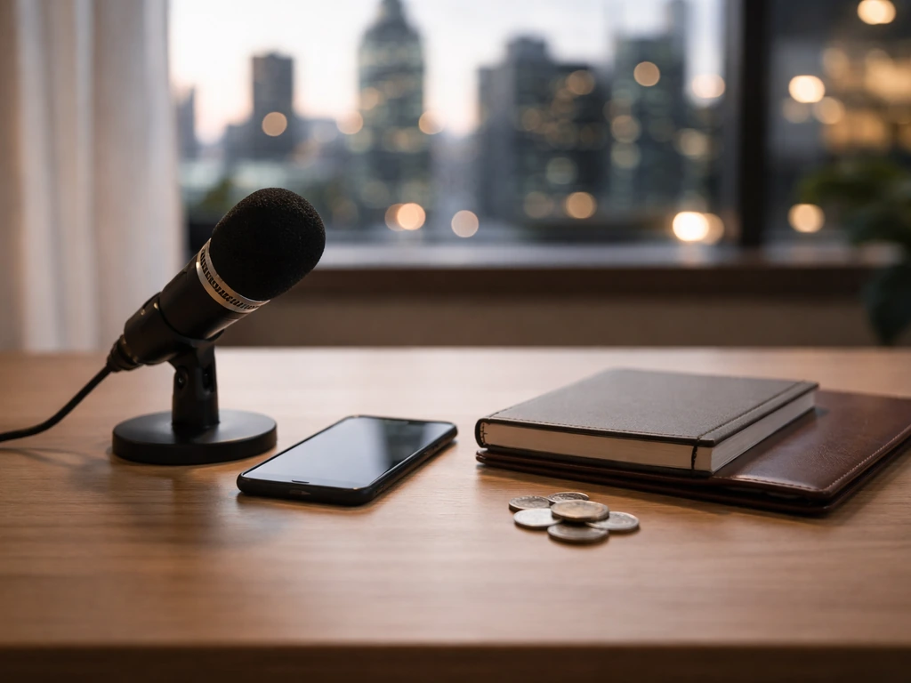 Minimal photo of a professional desk with a smartphone, press-style microphone, and a muted city skyline backdrop.