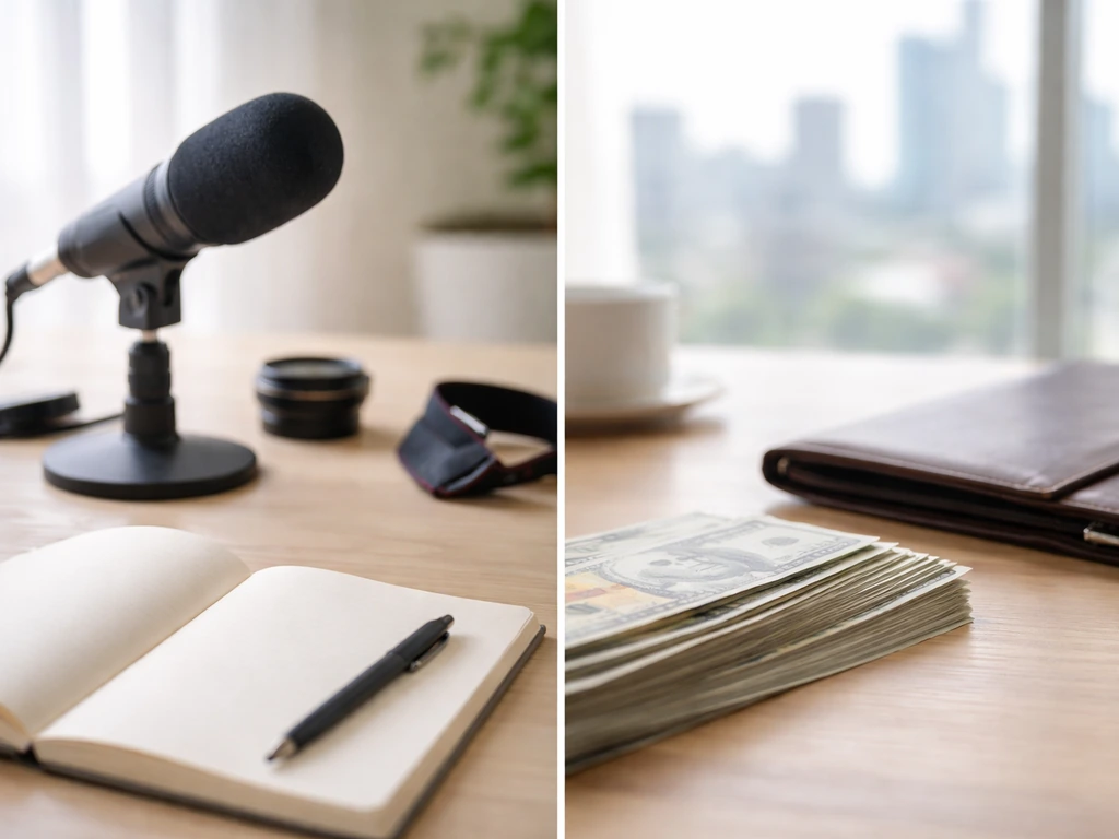 Minimal side-by-side lifestyle and business scene symbolizing media and money disambiguation
