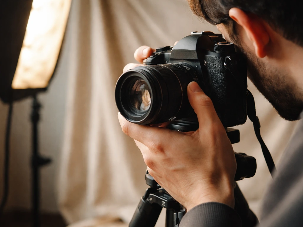 Close-up of camera gear and hands composing a photo in a minimalist studio setting.