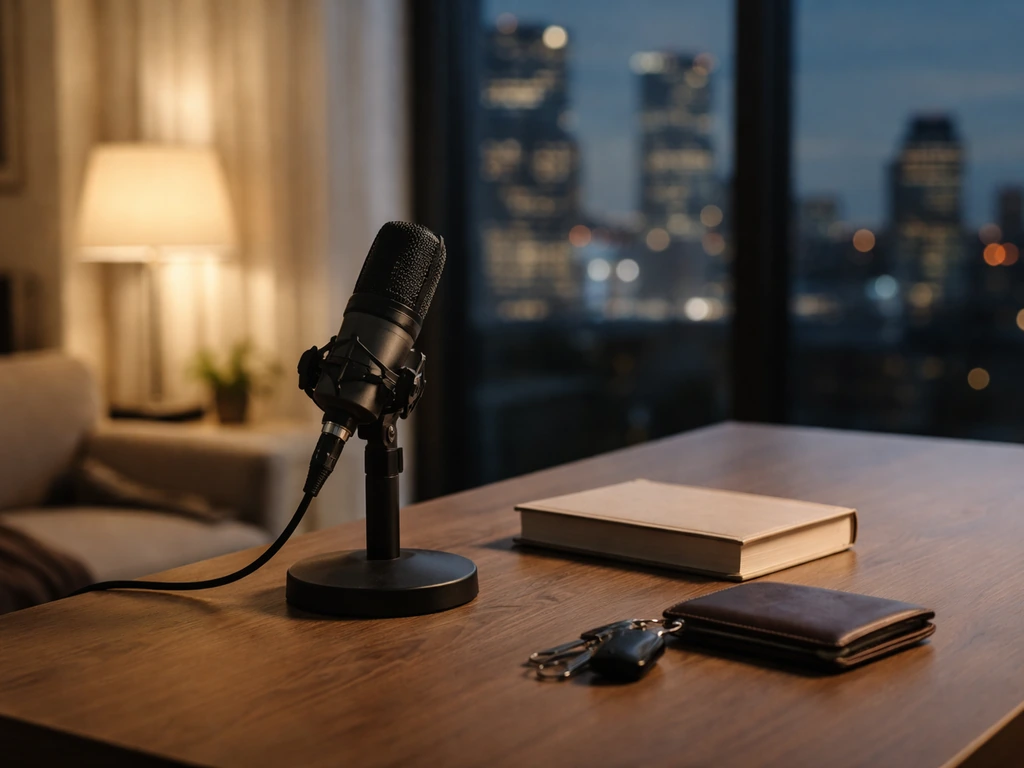 Empty upscale home study desk with a professional microphone and a blurred city skyline window view