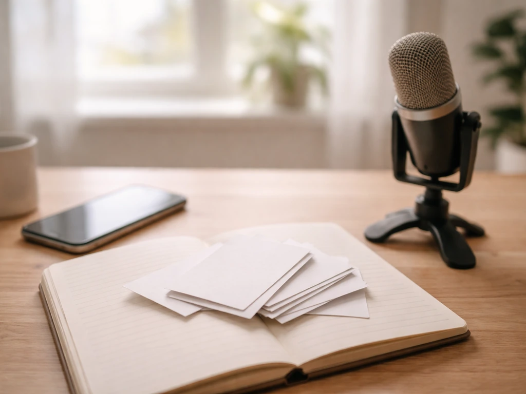 Minimal media-analysis desk scene with blank cards and a microphone, suggesting name confusion without showing anyone.
