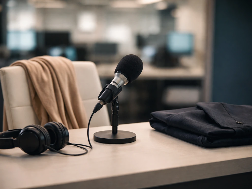 Broadcast journalist desk with a microphone, headphones, and folded blazer in a quiet TV studio setting.