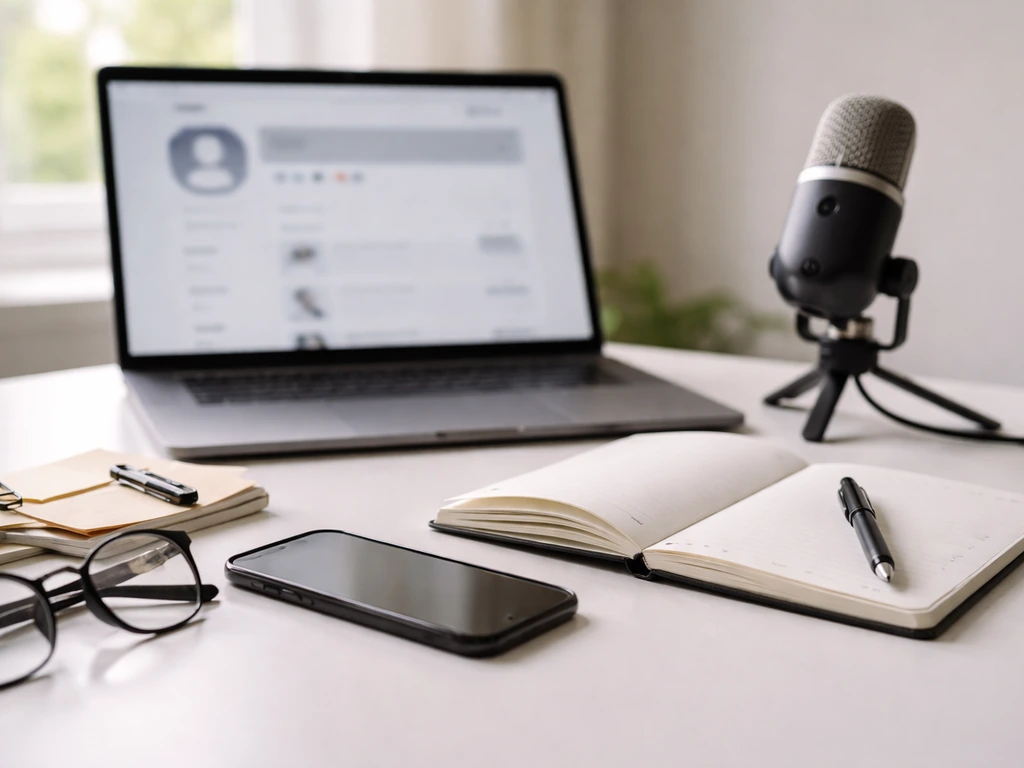 Minimal desk scene with a notebook, phone, and a small microphone beside a laptop showing media profiles