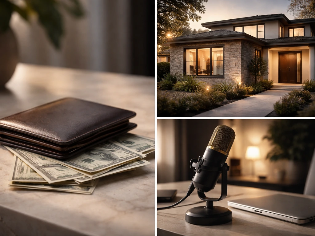 Minimal finance-themed collage: cash, a modern home, and a studio microphone workspace, no people or text.