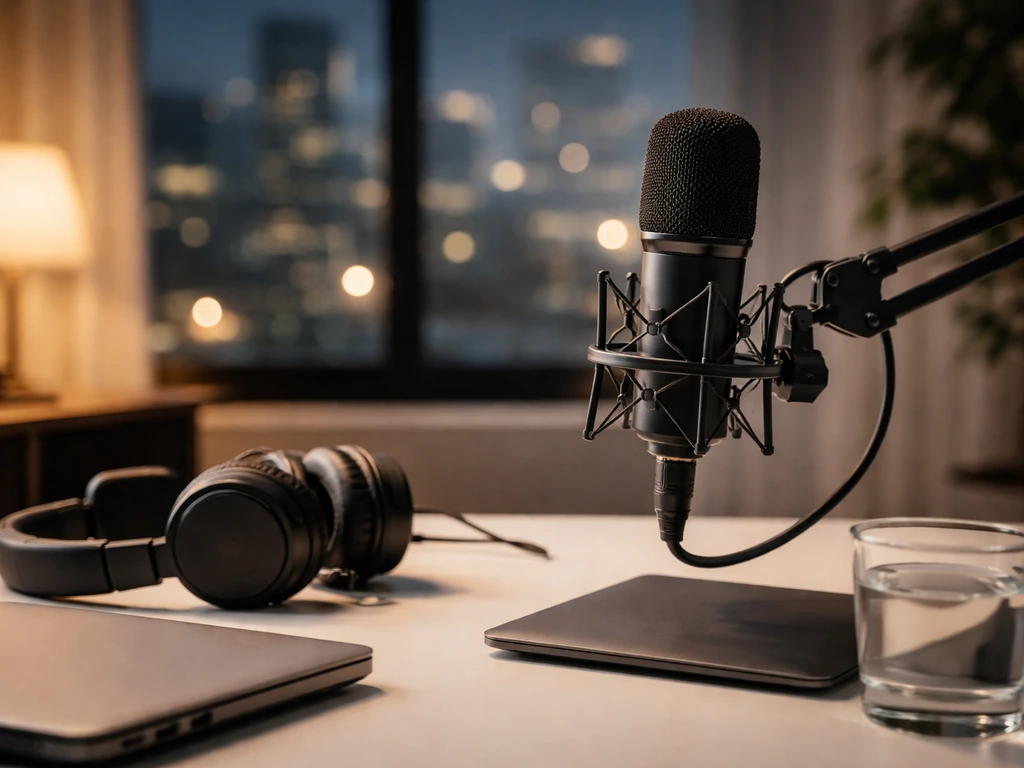 Minimal photo of a media studio desk with microphone, soft city lights outside a window