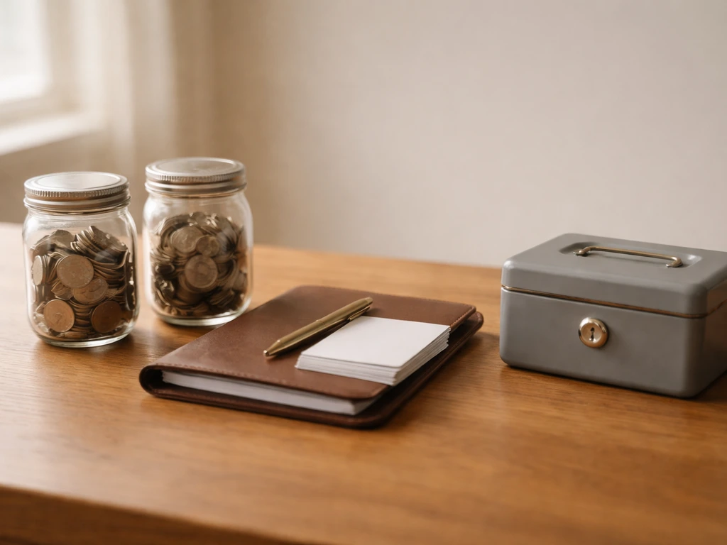 Minimal desk scene with coin jars, portfolio, and a locked cash box symbolizing assets minus liabilities