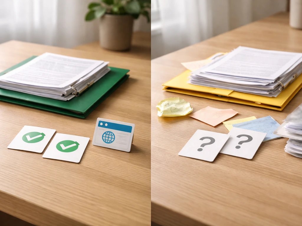 Minimal desk scene split into documented items and rumor claims using simple icons and folders