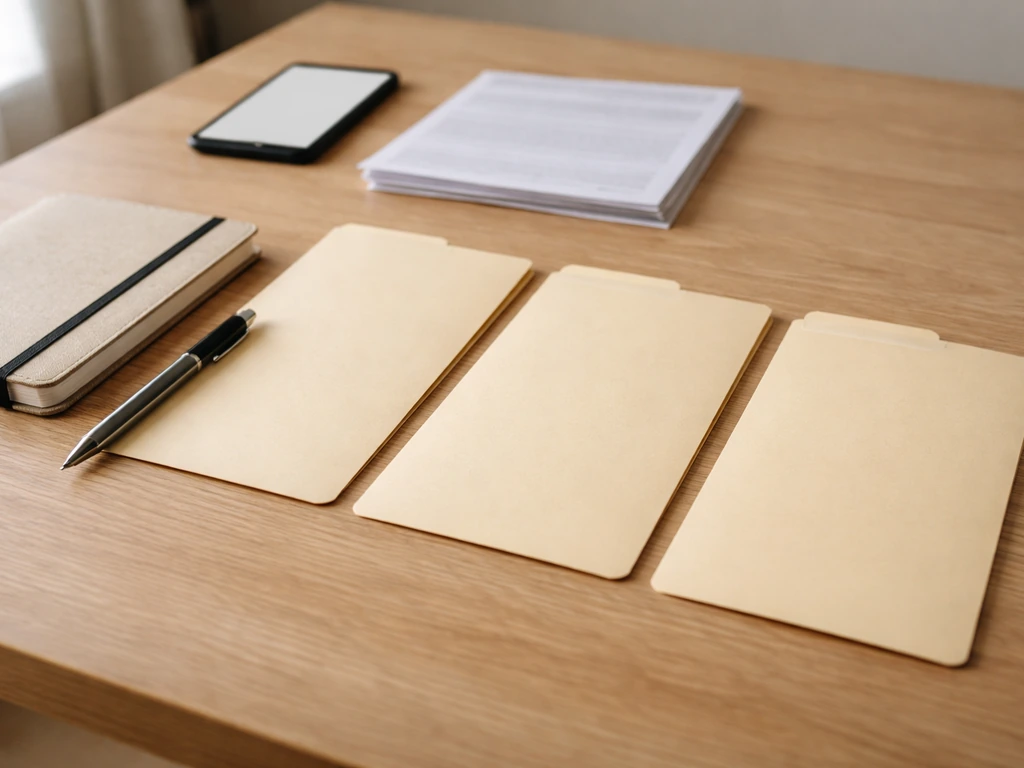 Minimal desk scene with notebook, pen, and three neatly arranged folders representing sources to verify online