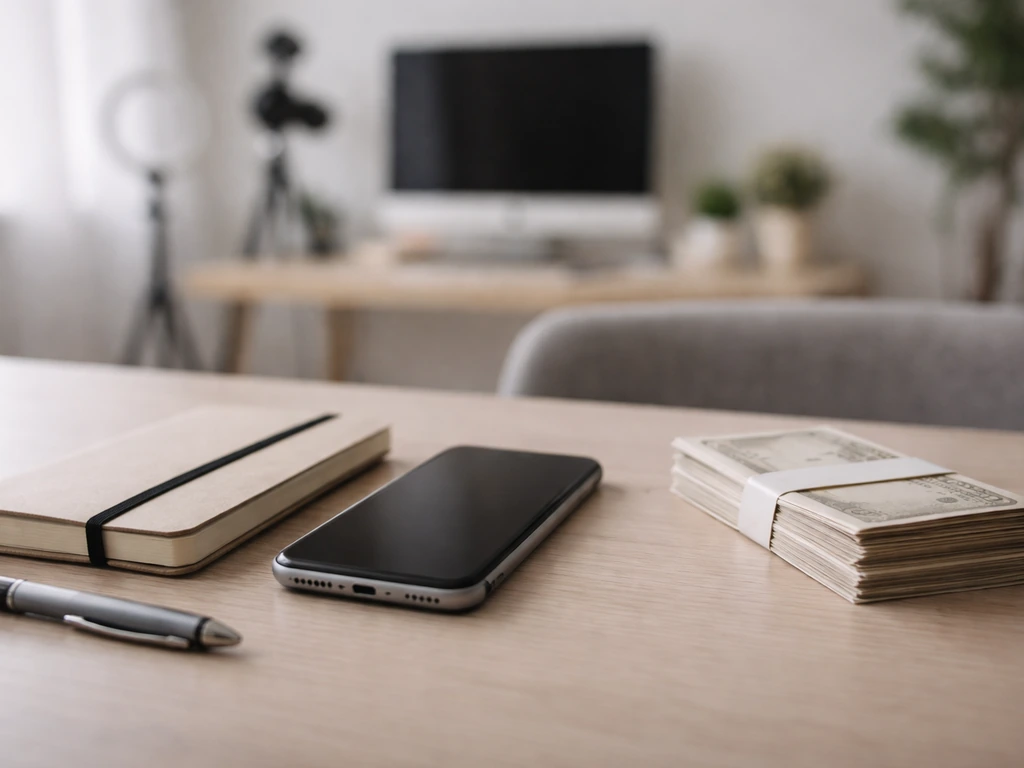 Minimal photo of a smartphone with finance notes and a quiet desk setup suggesting net worth research