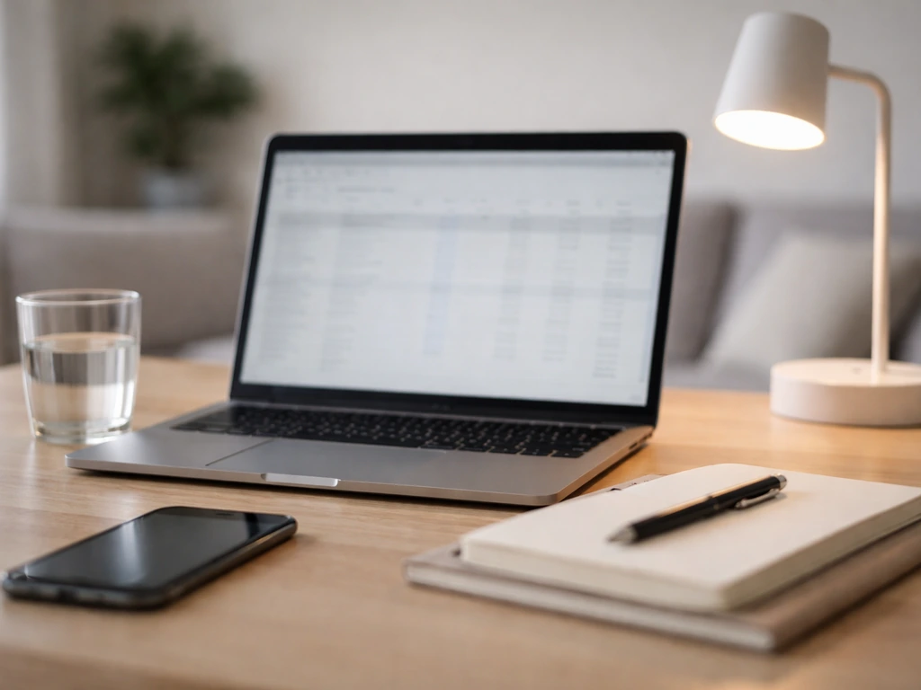 Minimal home office desk with laptop and phone blurred, symbolizing net-worth research without any text.