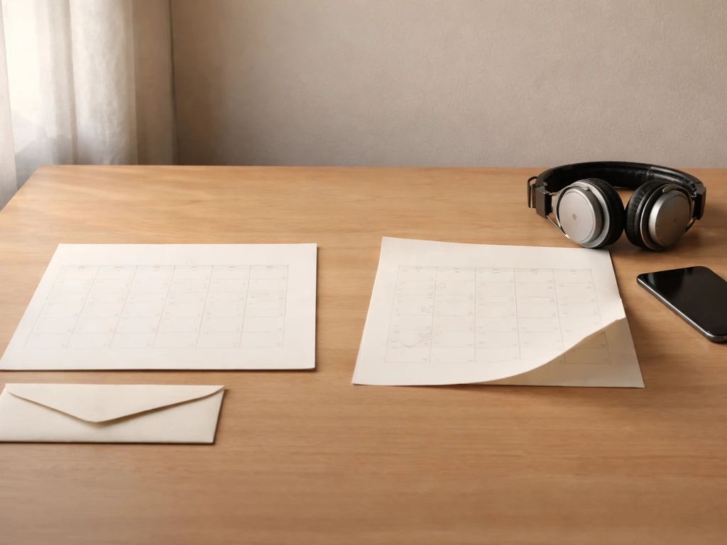 Minimal desk scene with two calendar pages and media gear suggesting a wealth timeline before and after.