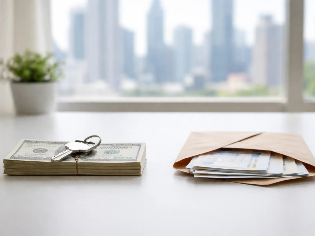 Minimal photo of a desk with cash and a house key beside an envelope of bills, symbolizing assets vs liabilities.
