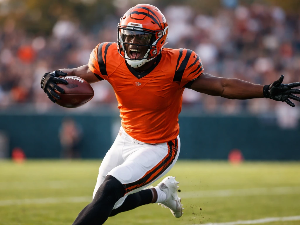 NFL wide receiver in a vintage Bengals-style uniform making a catch on a sunny stadium field