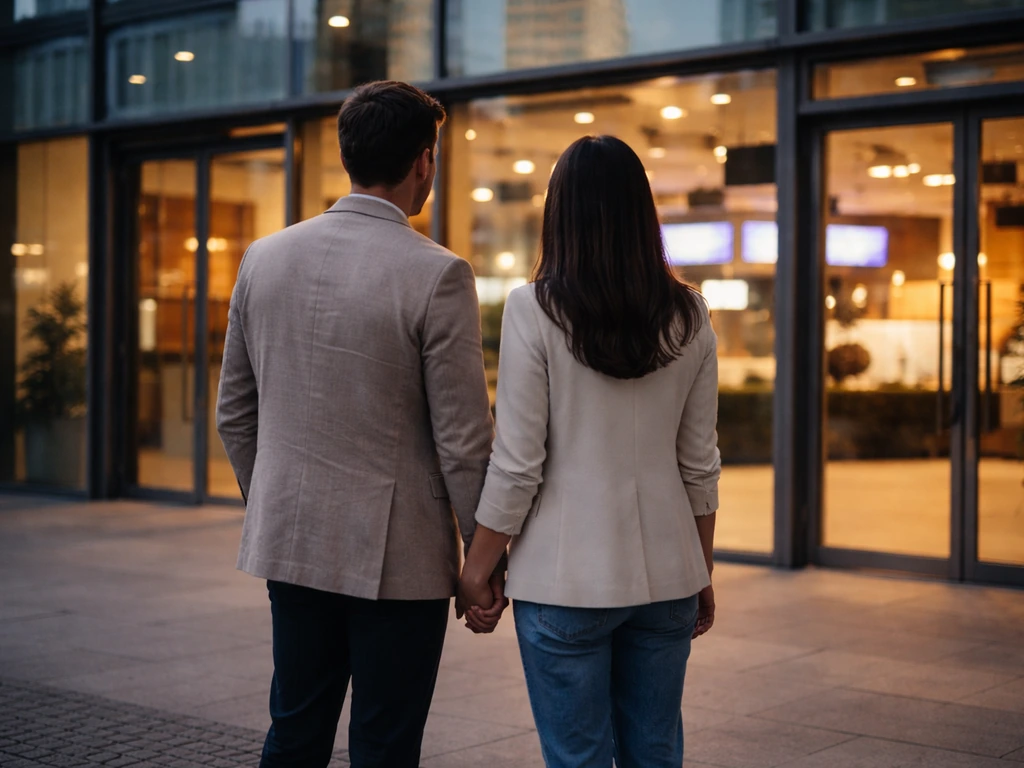 Anonymous couple holding hands outside a modern building with soft evening city light