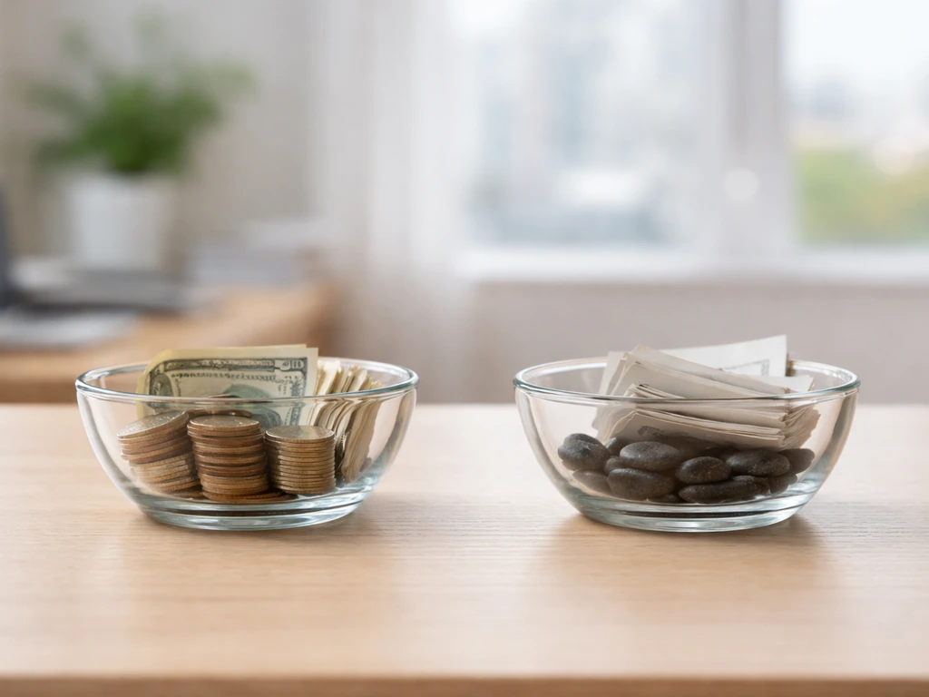 Two glass bowls on a desk with coins and cash versus dark stones and documents, symbolizing assets minus liabilities.
