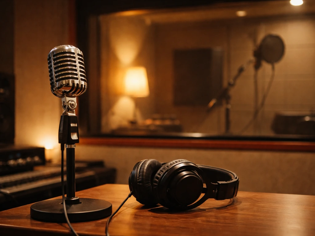 Warm studio scene with a vintage microphone, hinting at a 2000s R&B singer’s career era
