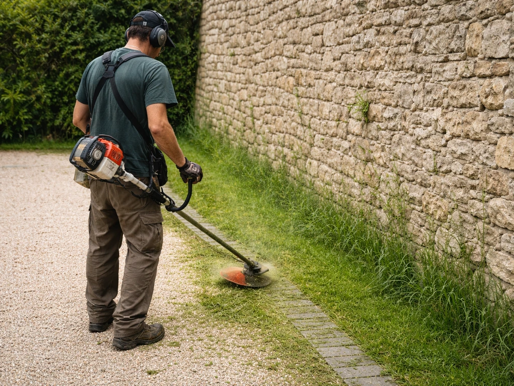 Coupe-bordures ou débroussailleuse à fil le long d’un mur, rendu net de l’herbe dans une zone difficile.