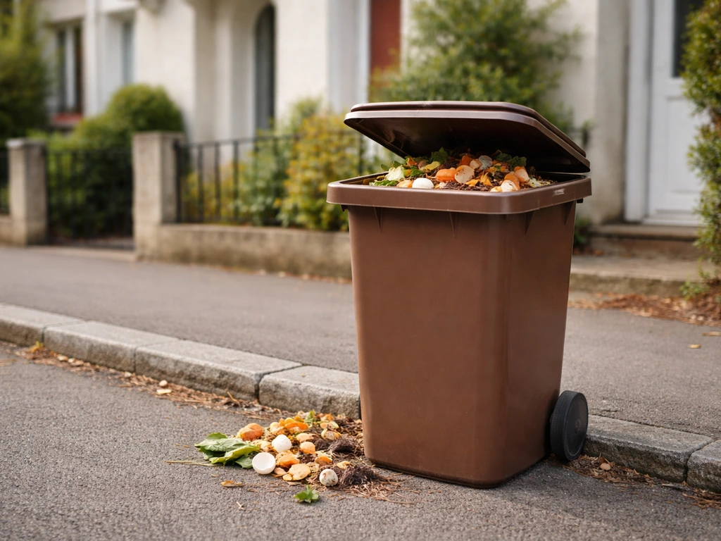 Bac marron de biodéchets sur le trottoir devant des habitations, avec restes de cuisine et feuilles à côté.