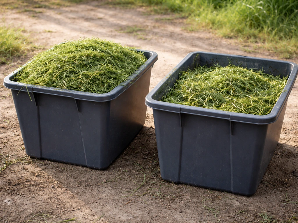 Bacs d’herbe fraîche : l’un trop rempli et compact, l’autre aéré, posés au sol dans un cadre simple.