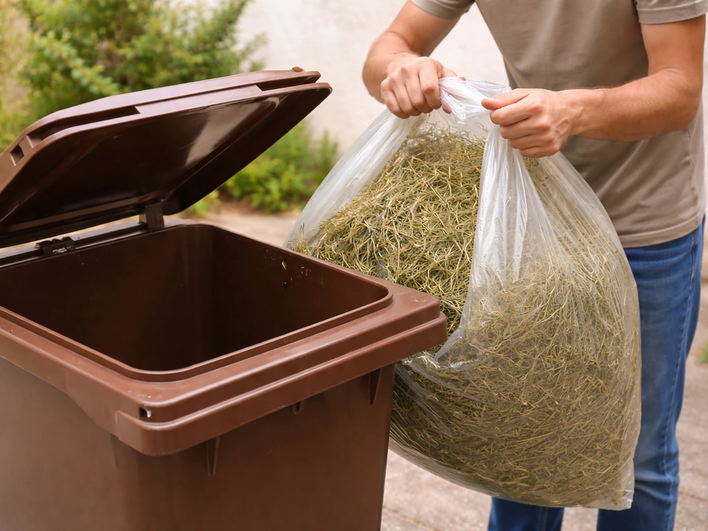 Sac de déchets verts bien fermé, herbe sèche et bac marron prêt à être évacué sans odeurs ni débordement.