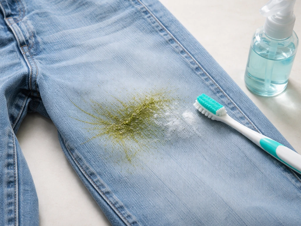 Gros plan d’un jean avec une tache d’herbe verte en cours de prélavage, brosse visible, fond clair.