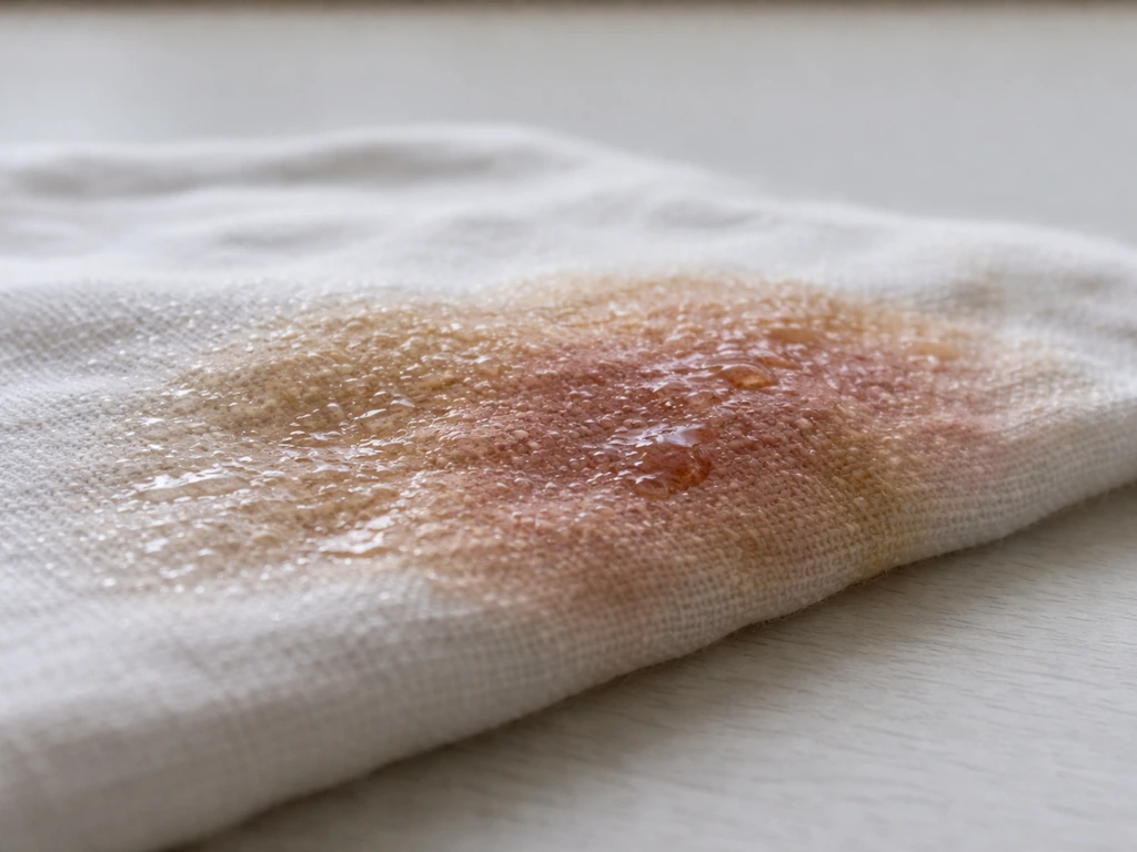 Vue latérale rapprochée d’un tissu taché détrempé à l’eau froide, fibres bien réhydratées et humidité visible.