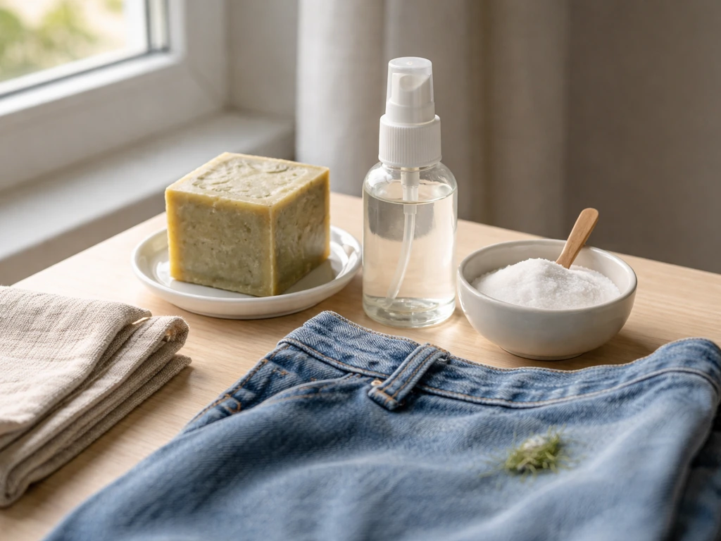 Produits anti-taches (savon de Marseille, détachant enzymatique, bicarbonate) et un jean avec une tache d’herbe.