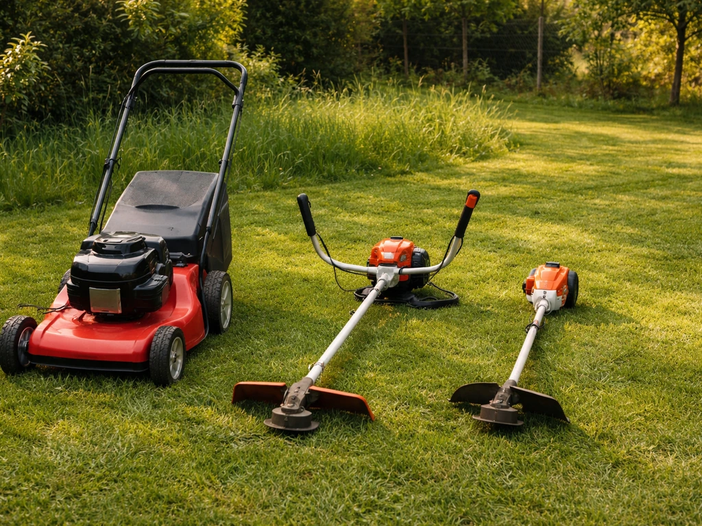 Trois outils de jardin distincts posés sur l’herbe : tondeuse, débroussailleuse et coupe-herbe