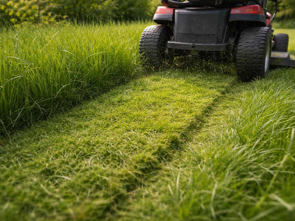 Tonte d’herbe haute dense : coupe du tiers supérieur puis progression en hauteur, vue rapprochée et réaliste.