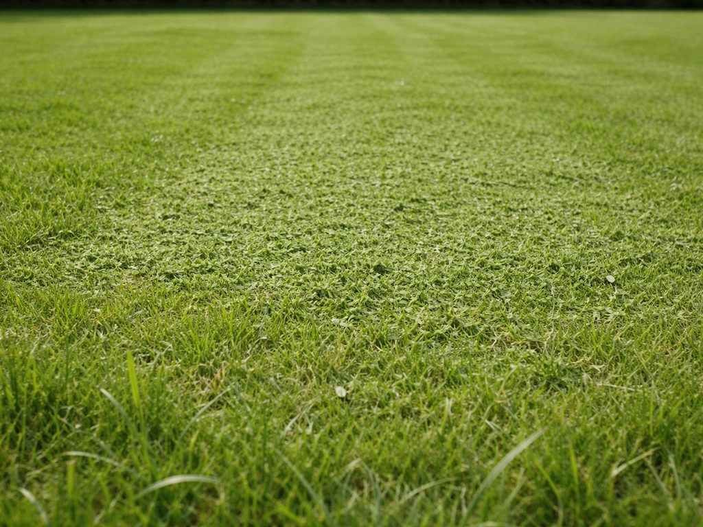 Pelouse fraîchement tondue, résidus d’herbe finement hachés laissés au sol après le mulching