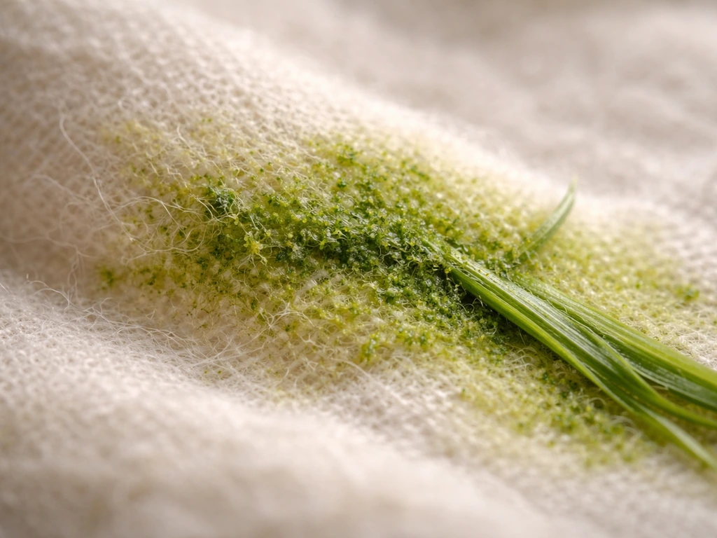 Gros plan d’une fibre textile avec un dépôt verdâtre provenant d’une feuille d’herbe écrasée