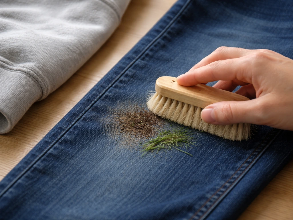 Brossage d’une tache ancienne sur jean bleu foncé avec une brosse sèche, herbe visible près de la zone.