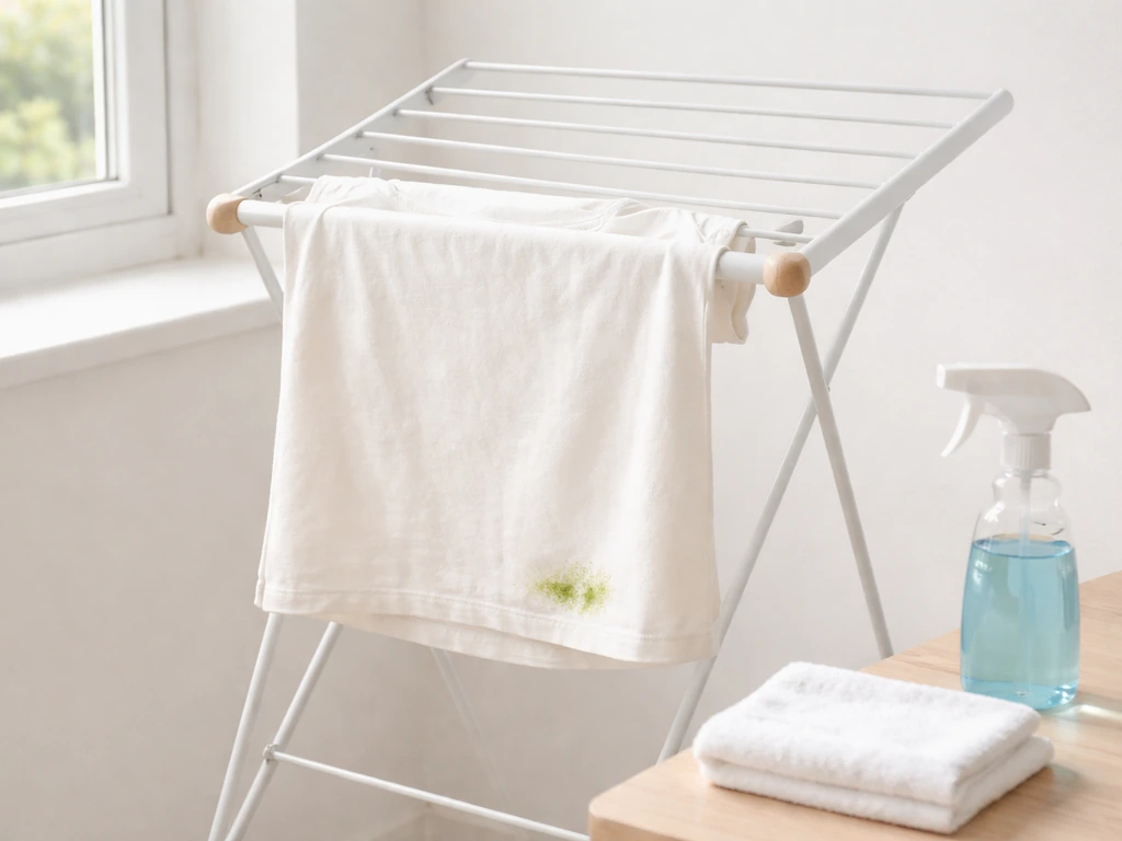 Vêtement étendu près d’une fenêtre, dernière trace d’herbe visible après lavage, contrôle avant séchage.