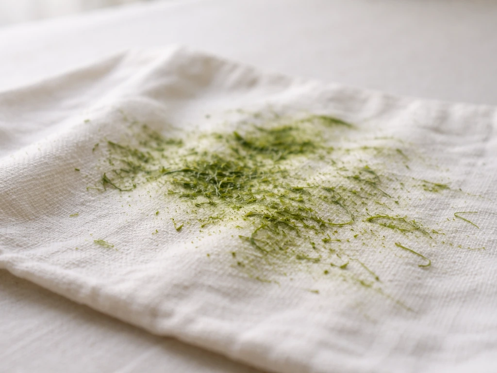 Gros plan sur tissu blanc avec résidu verdâtre d’herbe, fibres visibles et légère humidité