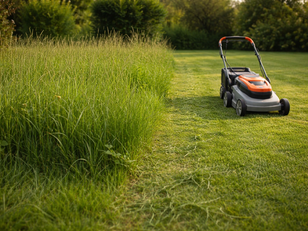 Pelouse avec herbe haute à gauche et zone déjà remise à niveau à droite, vue rapprochée avant/après sans texte.