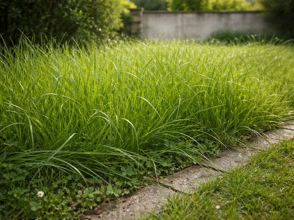 Gazon très haut au printemps, vue rapprochée de l’herbe avant une tonte de remise à niveau