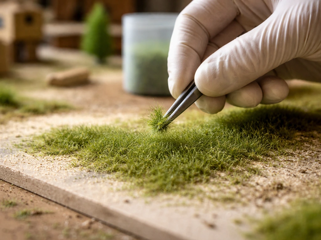 Gros plan d’un terrain de maquette en flocage, fibres d’herbe statique appliquées par une main gantée.