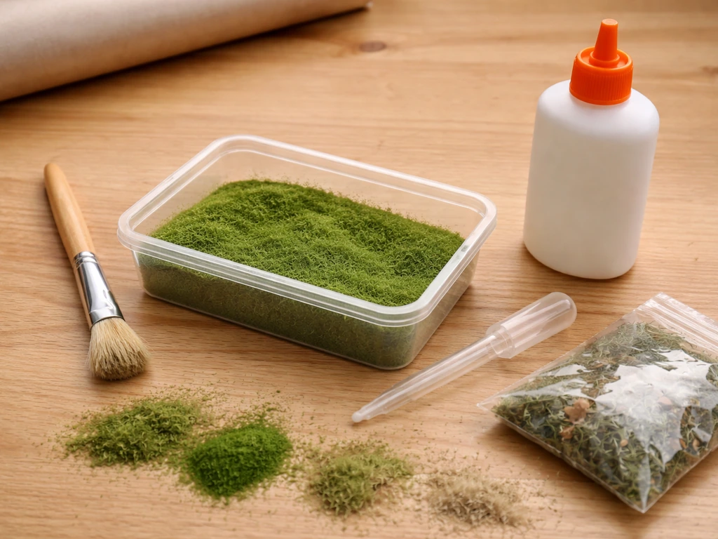 Fibres de flocage vertes, pinceau, pipette et colle PVA sur une table de bricolage pour maquette.
