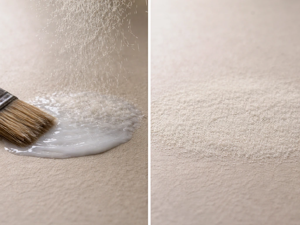 Gros plan d’une zone préparée pour flocage simple : colle PVA puis fibres saupoudrées, rendu juste après.