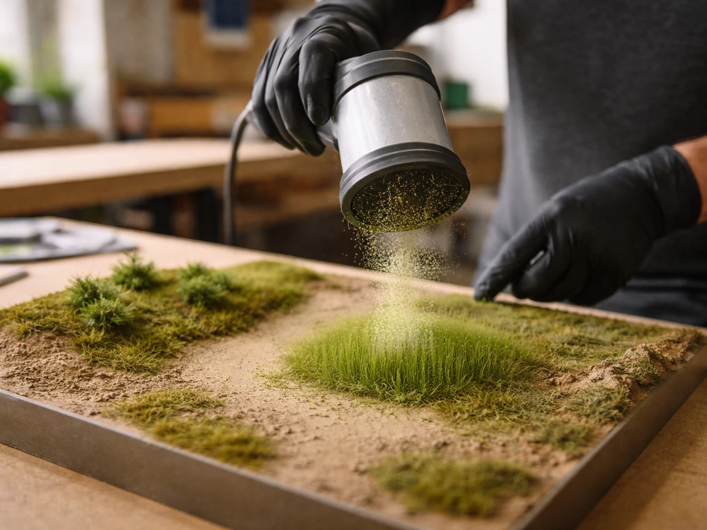 Mains gantées utilisant un outil électrostatique pour redresser des fibres d’herbe sur une maquette.